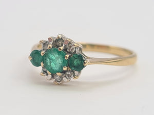 0242: Vintage: Petite 9ct Gold Emeralds Diamonds Dress Ring