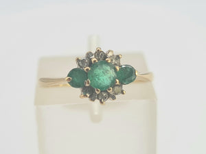 0242: Vintage: Petite 9ct Gold Emeralds Diamonds Dress Ring