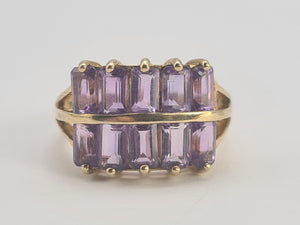 0358: Vintage: Rare 9ct Gold 10 Emerald Cut Amethysts Cocktail Ring - statement, nice weight