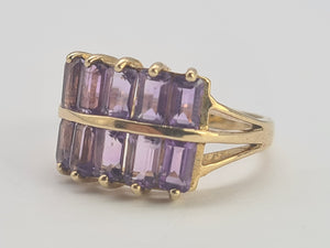 0358: Vintage: Rare 9ct Gold 10 Emerald Cut Amethysts Cocktail Ring - statement, nice weight