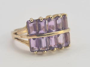 0358: Vintage: Rare 9ct Gold 10 Emerald Cut Amethysts Cocktail Ring - statement, nice weight