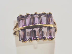 0358: Vintage: Rare 9ct Gold 10 Emerald Cut Amethysts Cocktail Ring - statement, nice weight