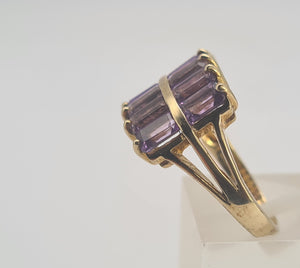 0358: Vintage: Rare 9ct Gold 10 Emerald Cut Amethysts Cocktail Ring - statement, nice weight