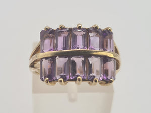 0358: Vintage: Rare 9ct Gold 10 Emerald Cut Amethysts Cocktail Ring - statement, nice weight