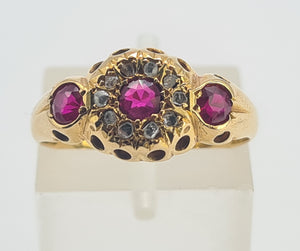 0668: Antique: 18ct Gold Rubies Diamonds Dress Ring- Date- Mark 1911