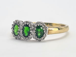 0348: Vintage: 9ct Gold green Diopsides 38 Diamonds Ring- eye candy