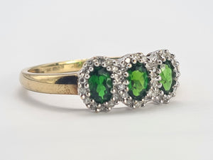 0348: Vintage: 9ct Gold green Diopsides 38 Diamonds Ring- eye candy