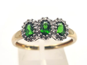 0348: Vintage: 9ct Gold green Diopsides 38 Diamonds Ring- eye candy