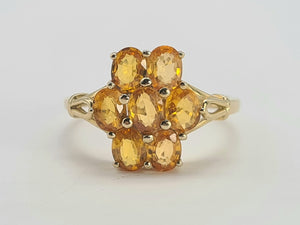 0535: Vintage: 9ct Gold Orange Sapphires Cluster Ring- lovely cut and colours