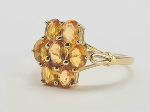 0535: Vintage: 9ct Gold Orange Sapphires Cluster Ring- lovely cut and colours