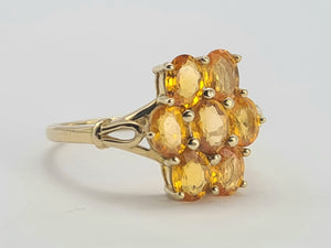 0535: Vintage: 9ct Gold Orange Sapphires Cluster Ring- lovely cut and colours