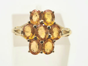 0535: Vintage: 9ct Gold Orange Sapphires Cluster Ring- lovely cut and colours