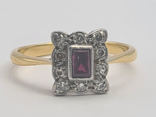 Load image into Gallery viewer, 0645: Vintage: 18ct Gold Ruby &amp;.10 Diamonds Square Set Ring - Art Deco Style
