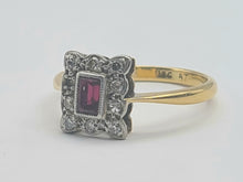 Load image into Gallery viewer, 0645: Vintage: 18ct Gold Ruby &amp;.10 Diamonds Square Set Ring - Art Deco Style
