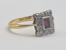 Load image into Gallery viewer, 0645: Vintage: 18ct Gold Ruby &amp;.10 Diamonds Square Set Ring - Art Deco Style
