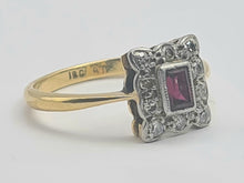 Load image into Gallery viewer, 0645: Vintage: 18ct Gold Ruby &amp;.10 Diamonds Square Set Ring - Art Deco Style
