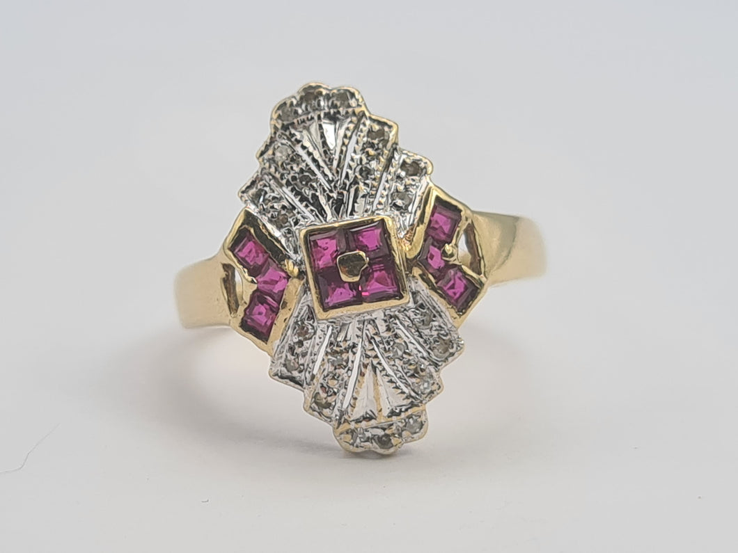 0652: Vintage: 9ct Gold Art Deco Style Rubies Diamonds Panel Ring- geometric beauty