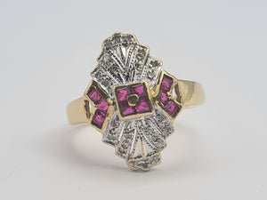 0652: Vintage: 9ct Gold Art Deco Style Rubies Diamonds Panel Ring- geometric beauty