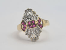 Load image into Gallery viewer, 0652: Vintage: 9ct Gold Art Deco Style Rubies Diamonds Panel Ring- geometric beauty
