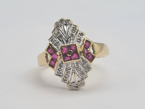 0652: Vintage: 9ct Gold Art Deco Style Rubies Diamonds Panel Ring- geometric beauty