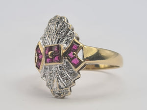 0652: Vintage: 9ct Gold Art Deco Style Rubies Diamonds Panel Ring- geometric beauty