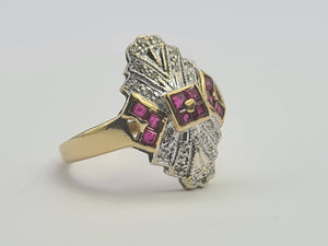 0652: Vintage: 9ct Gold Art Deco Style Rubies Diamonds Panel Ring- geometric beauty