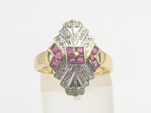 Load image into Gallery viewer, 0652: Vintage: 9ct Gold Art Deco Style Rubies Diamonds Panel Ring- geometric beauty
