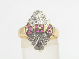 0652: Vintage: 9ct Gold Art Deco Style Rubies Diamonds Panel Ring- geometric beauty