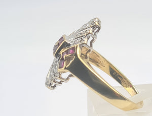 0652: Vintage: 9ct Gold Art Deco Style Rubies Diamonds Panel Ring- geometric beauty