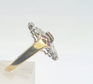 0652: Vintage: 9ct Gold Art Deco Style Rubies Diamonds Panel Ring- geometric beauty