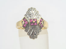 Load image into Gallery viewer, 0652: Vintage: 9ct Gold Art Deco Style Rubies Diamonds Panel Ring- geometric beauty
