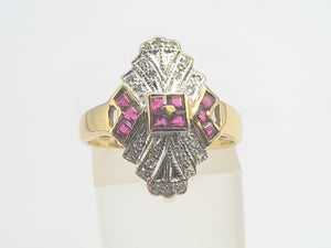 0652: Vintage: 9ct Gold Art Deco Style Rubies Diamonds Panel Ring- geometric beauty