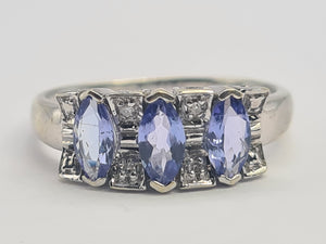 0683: Vintage; 9ct White Gold Blue Tanzanites Diamonds Dress Ring-crisp, clean, eye-candy