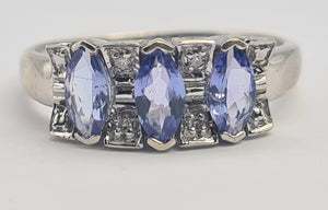 0683: Vintage; 9ct White Gold Blue Tanzanites Diamonds Dress Ring-crisp, clean, eye-candy