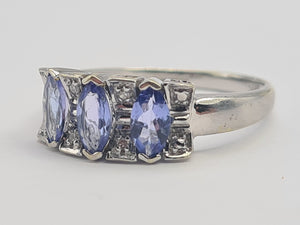 0683: Vintage; 9ct White Gold Blue Tanzanites Diamonds Dress Ring-crisp, clean, eye-candy