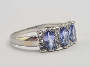 0683: Vintage; 9ct White Gold Blue Tanzanites Diamonds Dress Ring-crisp, clean, eye-candy