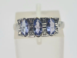 0683: Vintage; 9ct White Gold Blue Tanzanites Diamonds Dress Ring-crisp, clean, eye-candy