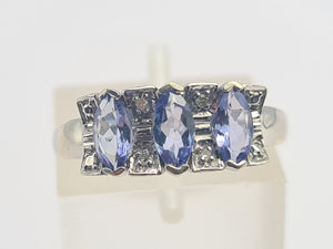 0683: Vintage; 9ct White Gold Blue Tanzanites Diamonds Dress Ring-crisp, clean, eye-candy