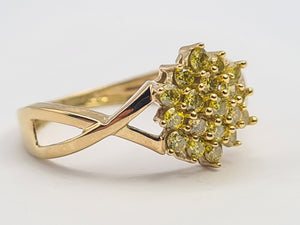 0721: Vintage: 9ct Gold Amarillo Diamonds Flower Head Ring- 19 natural, sparkling diamonds