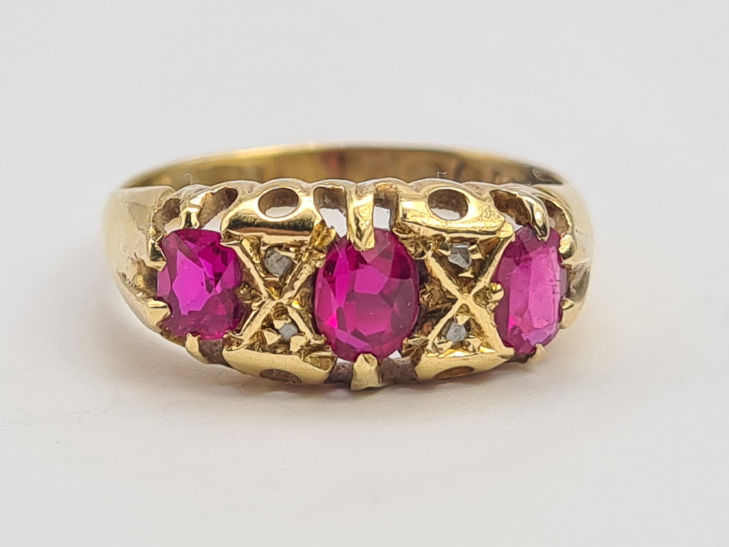 0750: Antique: 18ct Rubies Old Cut Diamonds Dress Ring- Date- Mark 1911