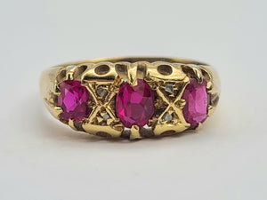 0750: Antique: 18ct Rubies Old Cut Diamonds Dress Ring- Date- Mark 1911