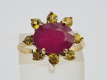 Load image into Gallery viewer, 0806: Vintage: 9ct Gold Yellow Sapphires &amp; Ruby Flower Head Ring-lovely combination
