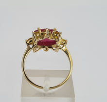 Load image into Gallery viewer, 0806: Vintage: 9ct Gold Yellow Sapphires &amp; Ruby Flower Head Ring-lovely combination
