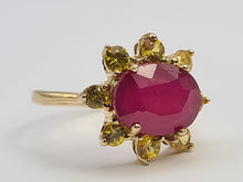 Load image into Gallery viewer, 0806: Vintage: 9ct Gold Yellow Sapphires &amp; Ruby Flower Head Ring-lovely combination
