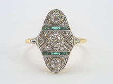 Load image into Gallery viewer, 0284: Antique: 18ct Gold Art Deco Emeralds Diamond Panel Ring- an exquisite antique ring
