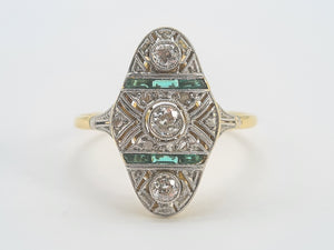 0284: Antique: 18ct Gold Art Deco Emeralds Diamond Panel Ring- an exquisite antique ring