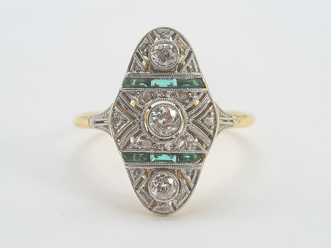 0284: Antique: 18ct Gold Art Deco Emeralds Diamond Panel Ring- an exquisite antique ring