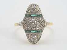 Load image into Gallery viewer, 0284: Antique: 18ct Gold Art Deco Emeralds Diamond Panel Ring- an exquisite antique ring
