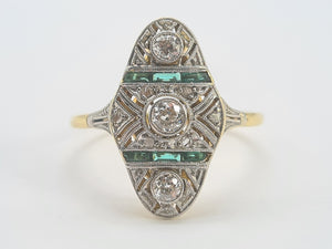 0284: Antique: 18ct Gold Art Deco Emeralds Diamond Panel Ring- an exquisite antique ring