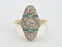 Load image into Gallery viewer, 0284: Antique: 18ct Gold Art Deco Emeralds Diamond Panel Ring- an exquisite antique ring
